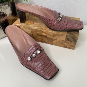Franco Sarto Mauve Croc Embossed Leather Heeled Mules Rhinestone Square Toe 9.5M